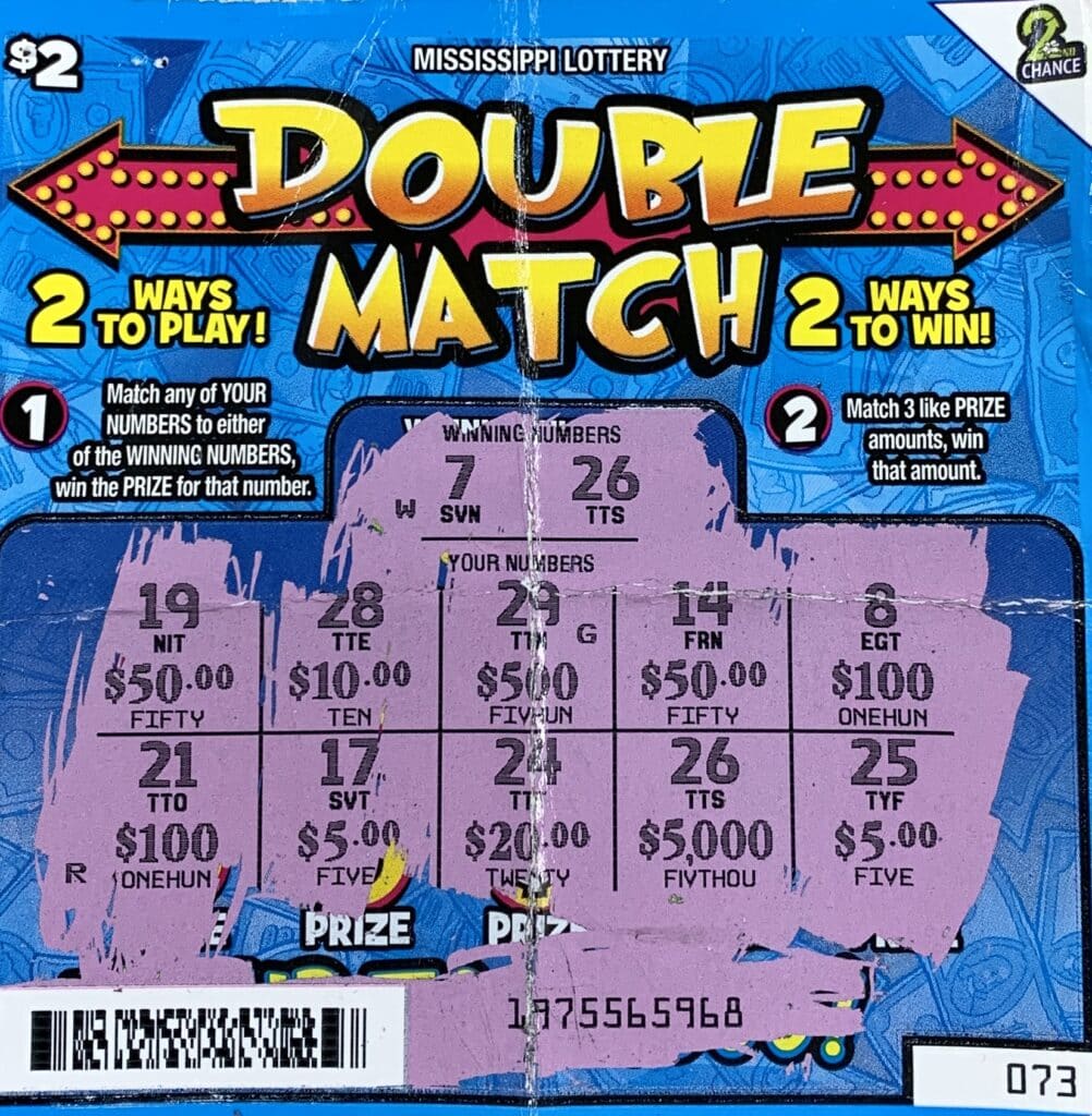 A Louisville woman won $5,000 on a Double Match scratch-off game purchased from Js Food and Gas #2 on Hwy. 25 S., Louisville.