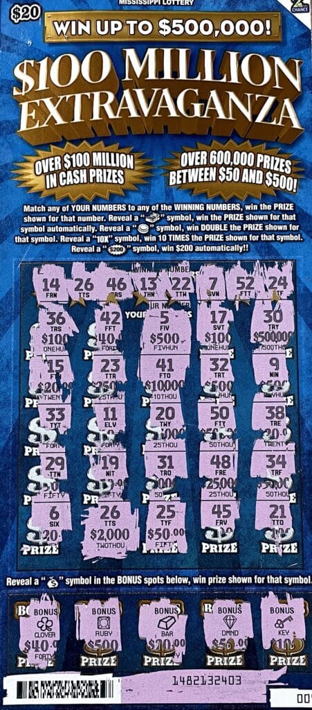 A Lowndes County woman won $2,000 on a $100 Million Extravaganza scratch-off game purchased from Kroger #427 on Hwy. 45 N., Columbus.