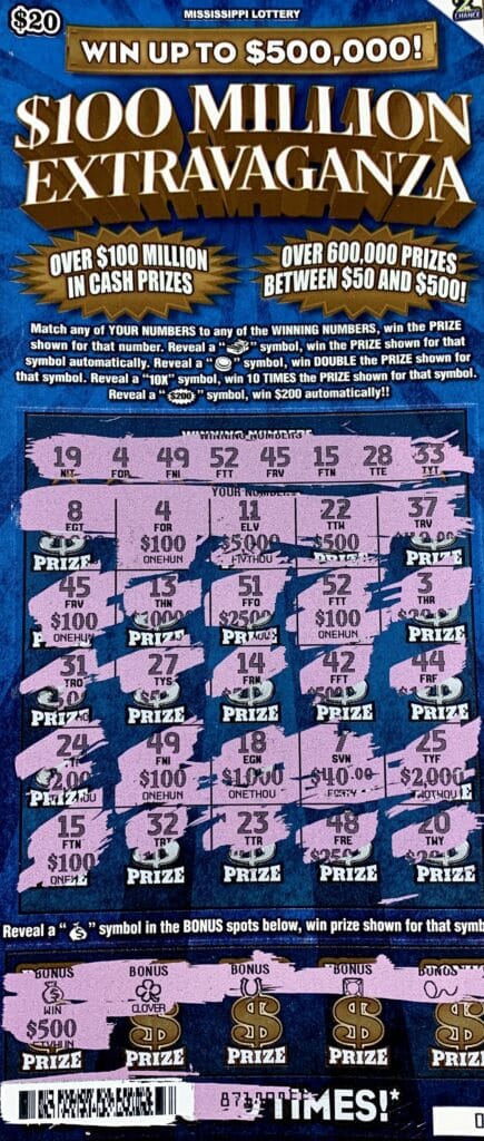 A Mendenhall woman won $1,000 on a $100 Million Extravaganza scratch-off game purchased from Tony’s One Stop on Simpson Hwy. 28 W., Mendenhall.