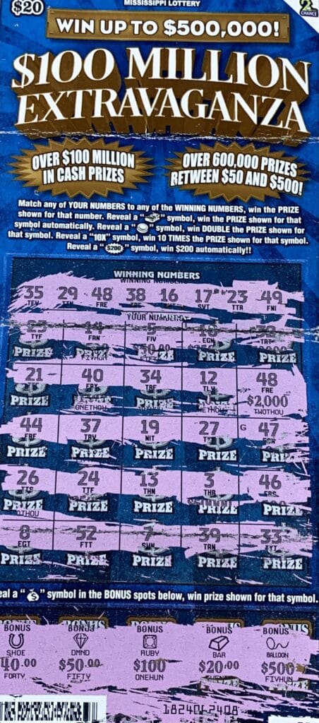 A Moss Point man won $2,000 on a $100 Million Extravaganza scratch-off game purchased from Browns Corner Store on Bayou Cumbest Rd., Moss Point.