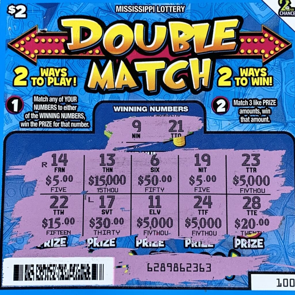 A Moss Point woman won $5,000 on a Double Match scratch-off game purchased from Cheepo Deepo on Hwy. 613, Moss Point.