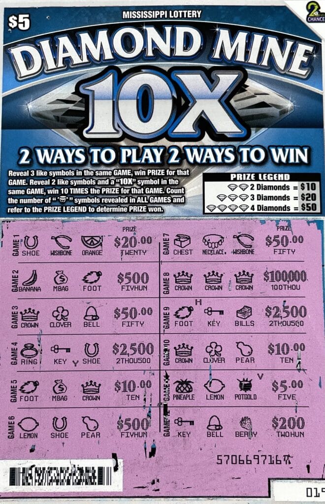 A Pearl woman won $100,000 on a Diamond Mine 10X scratch-off game purchased from New Vision Pearson Rd. Chevron Gas Station on S. Pearson Rd., Pearl.