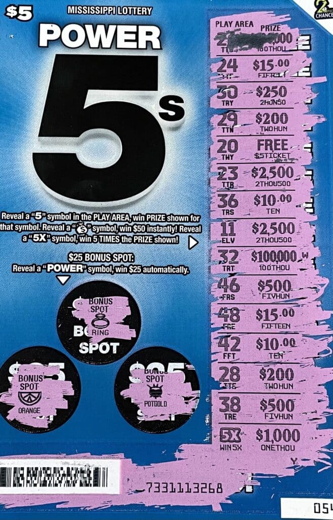 A Pontotoc man won $5,000 on a Power 5s scratch-off game purchased from Eastside Express LLC on E. Oxford St., Pontotoc.