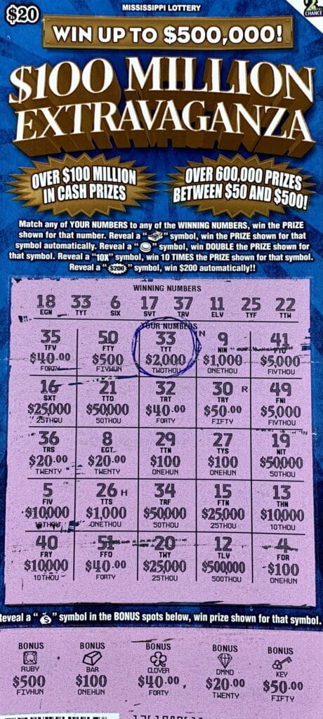 A Tupelo woman won $2,000 on a $100 Million Extravaganza scratch-off game purchased from Mooreville One Stop on Hwy. 178, Mooreville.