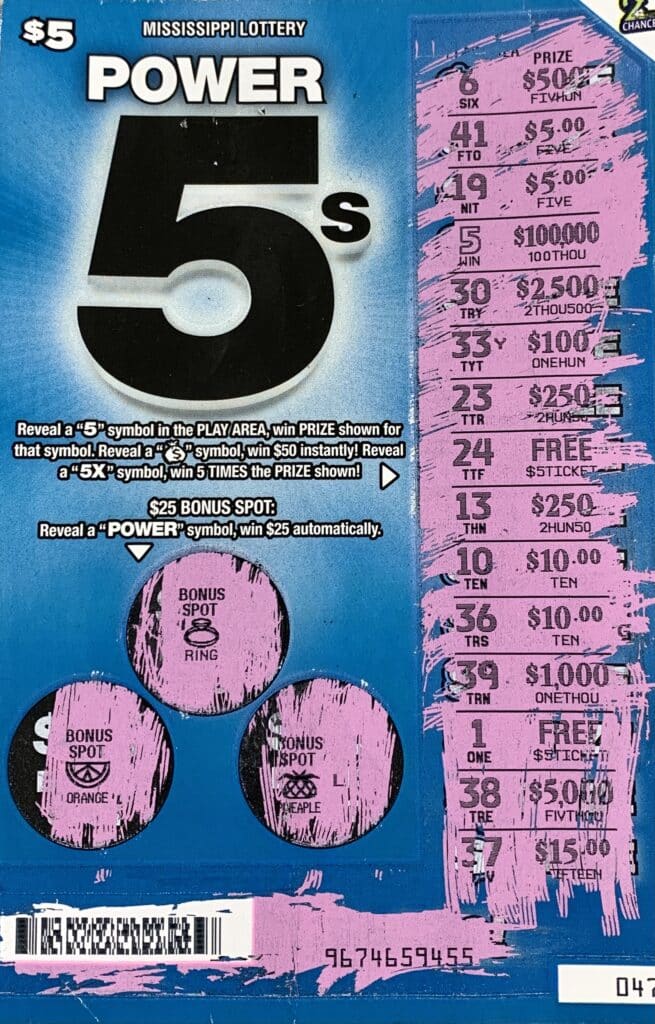 A Vicksburg woman won $100,000 on a Power 5s scratch-off game purchased from Fastway on Cherry on Cherry St., Vicksburg.