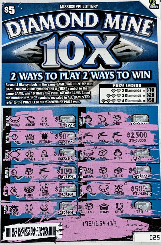 A Waynesboro man won $2,500 on a Diamond Mine 10X scratch-off game purchased from Waynesboro Red Apple Chevron on Mississippi Dr., Waynesboro.