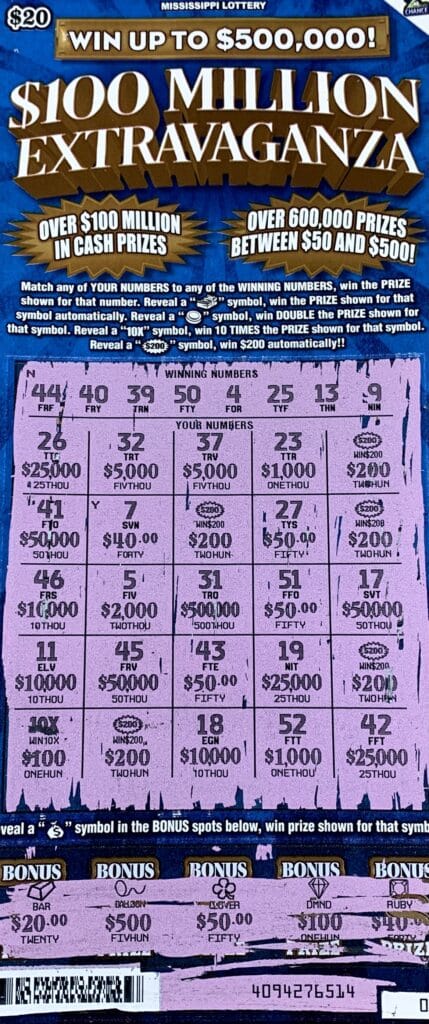 A Gautier woman won $2,000 on a $100 Million Extravaganza scratch-off game purchased from Fast Mart 29 on Gautier Vancleave Rd., Gautier.