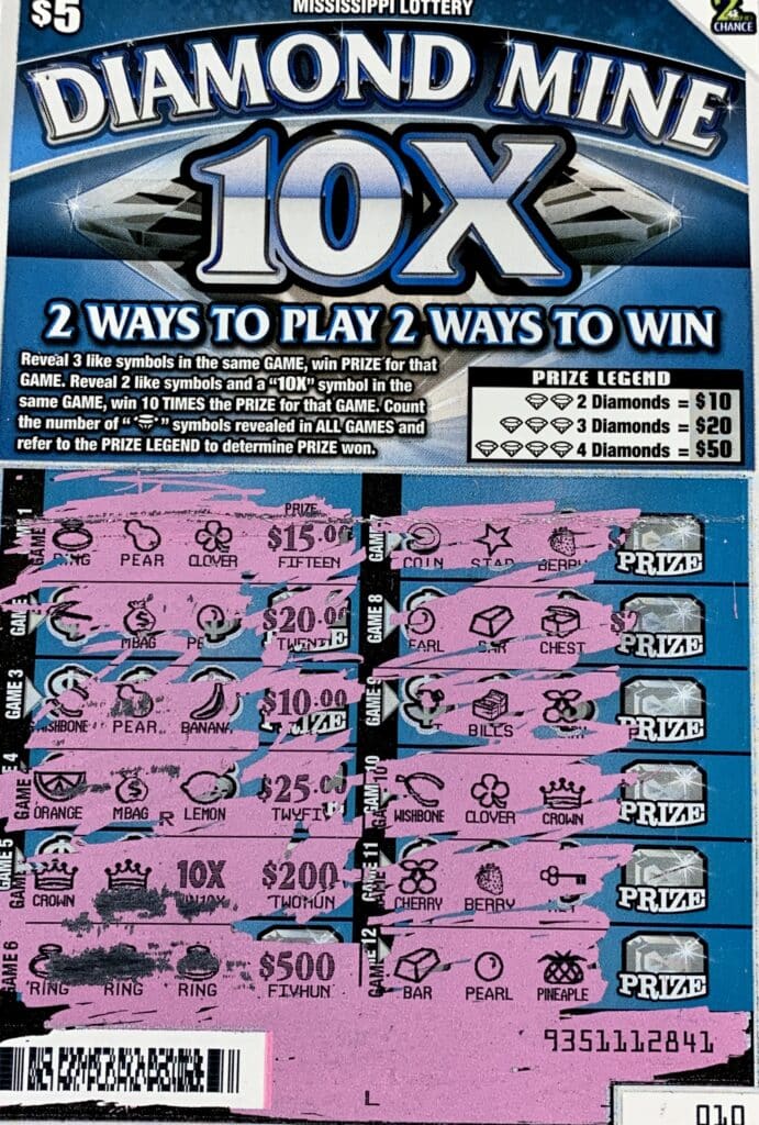 A Charlotte, N.C., player won $2,500 on a Diamond Mine 10x scratch-off game purchased from Clark Oil on Hwy. 63, Moss Point.