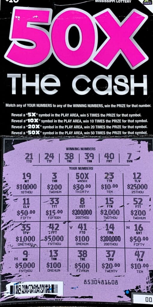 A Houston woman won $2,000 on a 50x the Cash scratch-off game purchased at Houston Discount Tobacco on S. Jackson St., Houston.