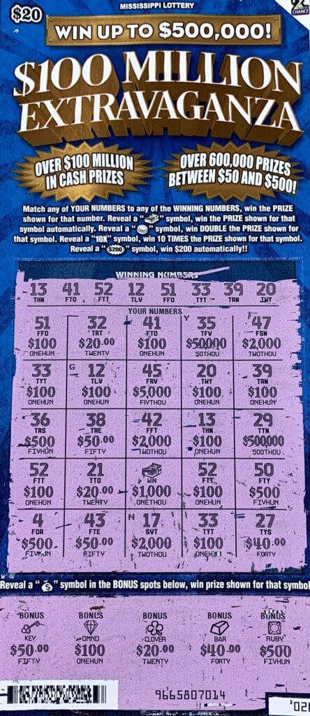 A Tupelo woman won $2,000 on a $100 Million Extravaganza scratch-off game purchased from Marathon Fast Stop on W. Main St., Tupelo.