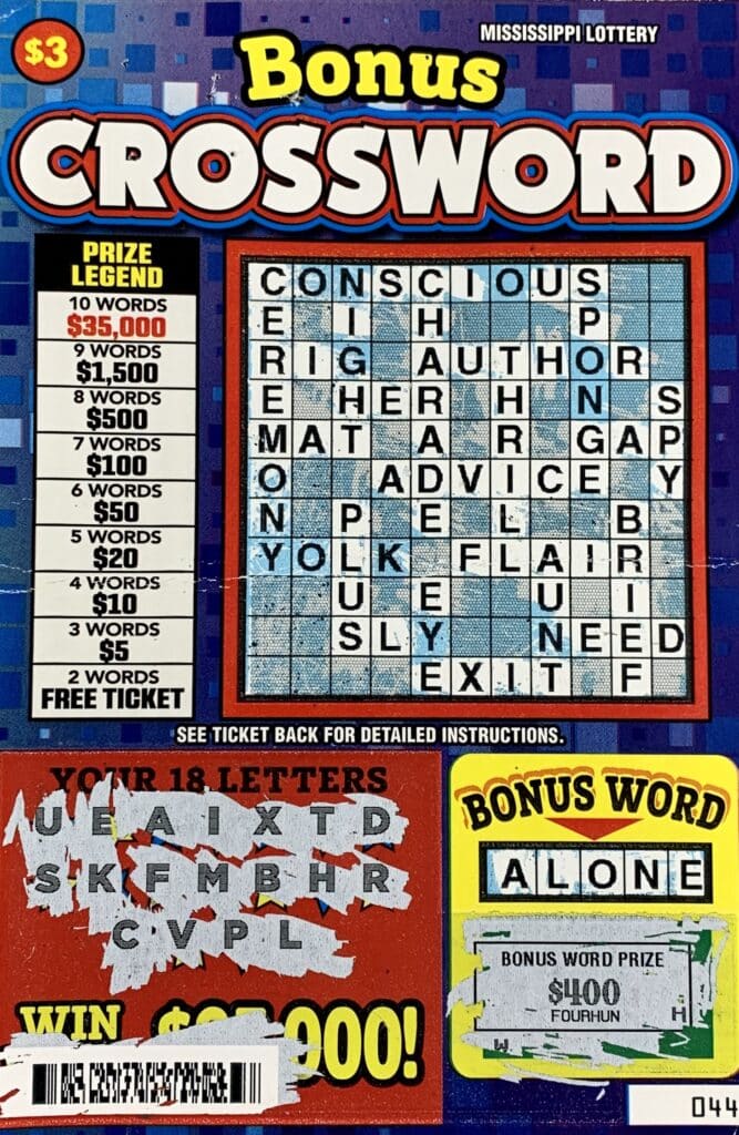 A Marks woman won $1,500 on a Bonus Crossword scratch-off game purchased from Charleston Marketplace on W. Main St., Charleston.