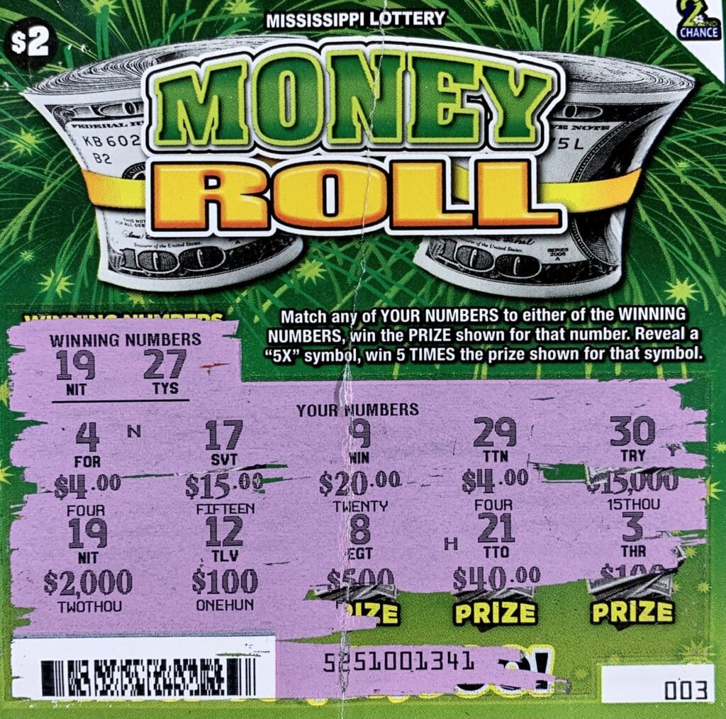 A Sardis woman won $2,000 on a Money Roll scratch-off game purchased from Lake Stop LLC on Blackjack Rd., Sardis.