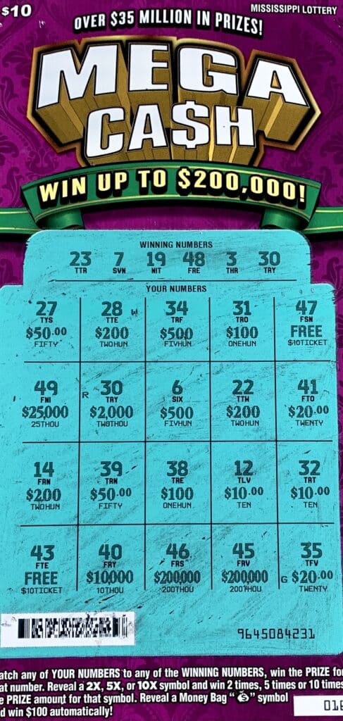 A Hattiesburg man won $2,000 Mega Ca$h scratch-off game purchased at Donco #9 on Hwy. 49, Hattiesburg.