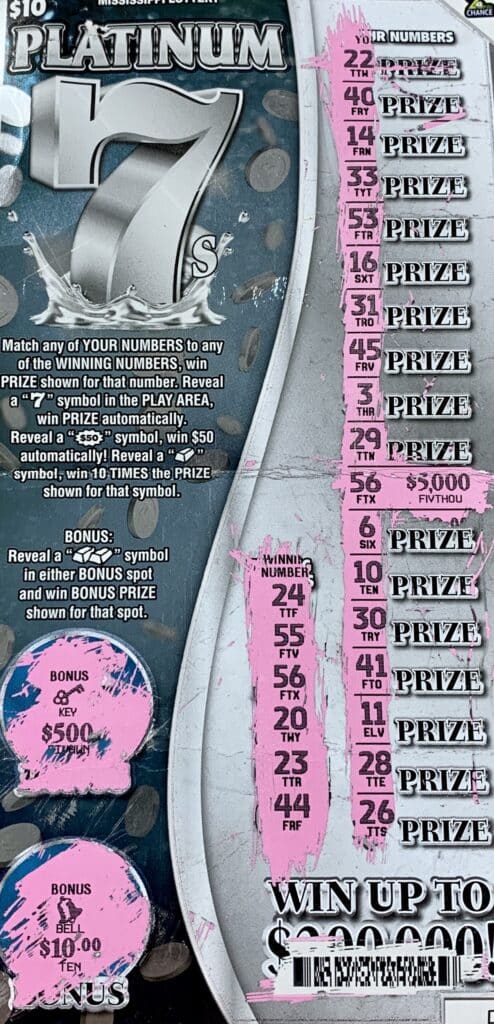 A Vancleave man won $5,000 on a Platinum 7s scratch-off game purchased from The C Store on Mallett Rd., D’Iberville.