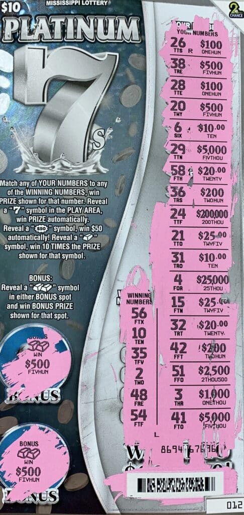 An Amory man won $1,000 on a Platinum 7s scratch-off game purchased from Murphy Oil on Hwy. 278 E., Amory.