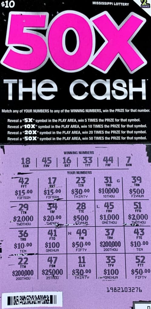 A Lauderdale County man won $1,000 on a 50x the Cash scratch-off game purchased from Brar’s Food Mart Inc on Hickory Grove Rd., Lauderdale.