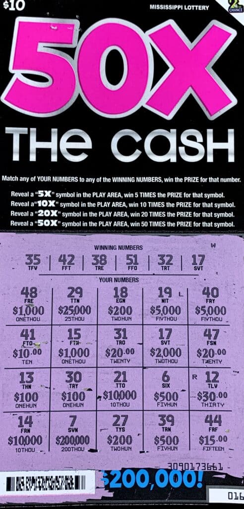 A Perry County woman won $2,000 on a 50x the Cash scratch-off game purchased from MAC’s #4 on Hwy. 198, Beaumont.