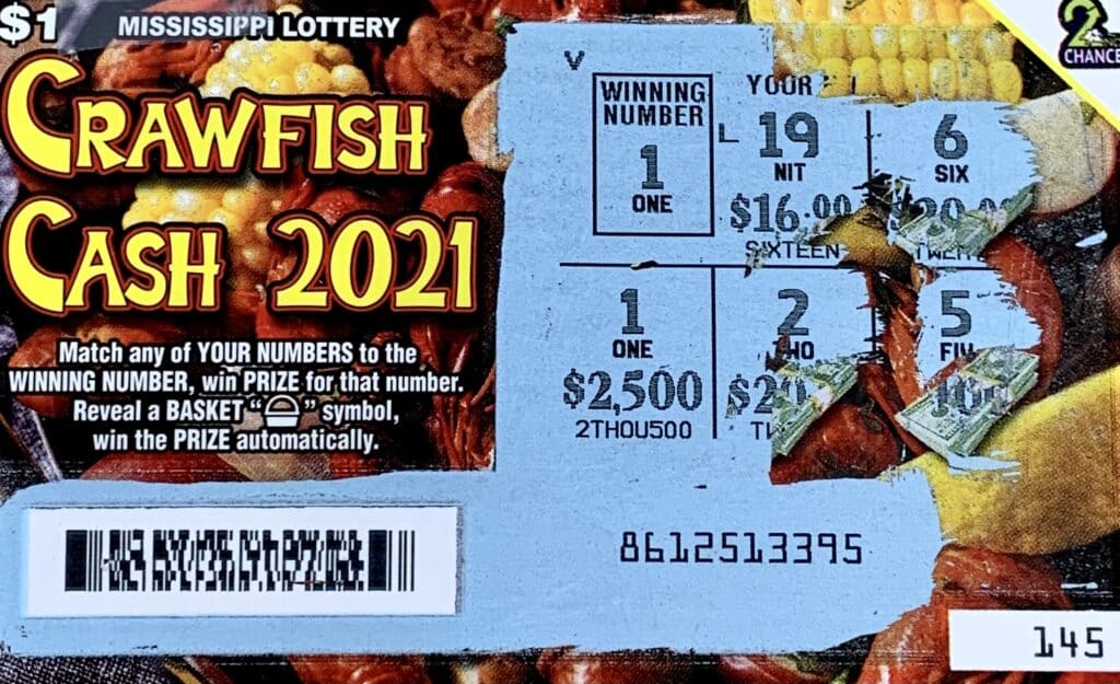 A Meridian man won $2,500 on a Crawfish Cash 2021 scratch-off game purchased from Gurjas LLC on 8th St., Meridian.