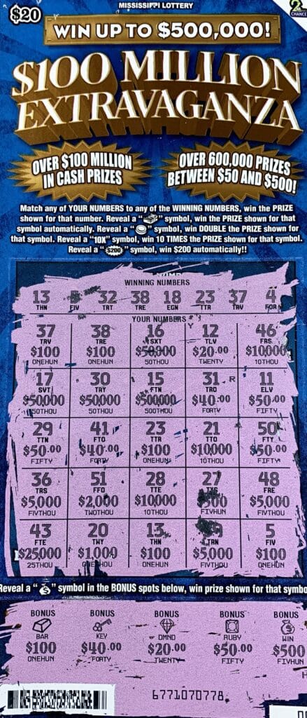 A Port Gibson man won $1,000 on a $100 Million Extravaganza scratch-off game purchased from Sprint Mart #68 on Hwy. 61 S., Port Gibson.