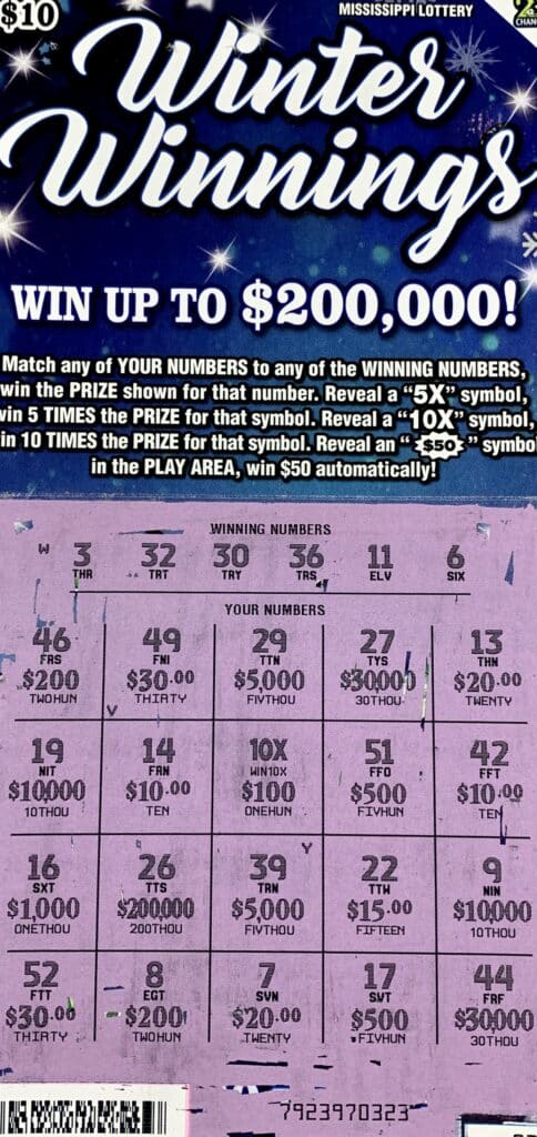 A Jackson man won $1,000 on a Winter Winnings scratch-off game purchased from Murphy Oil on Hwy. 80 E., Clinton.