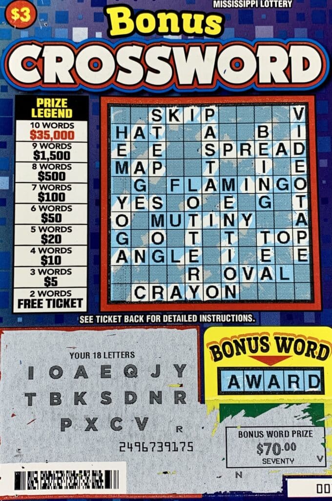 A Las Vegas, Nev., woman won $1,500 on a Bonus Crossword scratch-off game purchased from Chicot Plaza on Old Mobile Ave., Pascagoula.