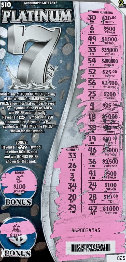 A Macon, Ga., woman won $25,000 on a Platinum 7s scratch-off game purchased from Sprint Mart #9 on S. Adams Hwy. 25, Fulton.