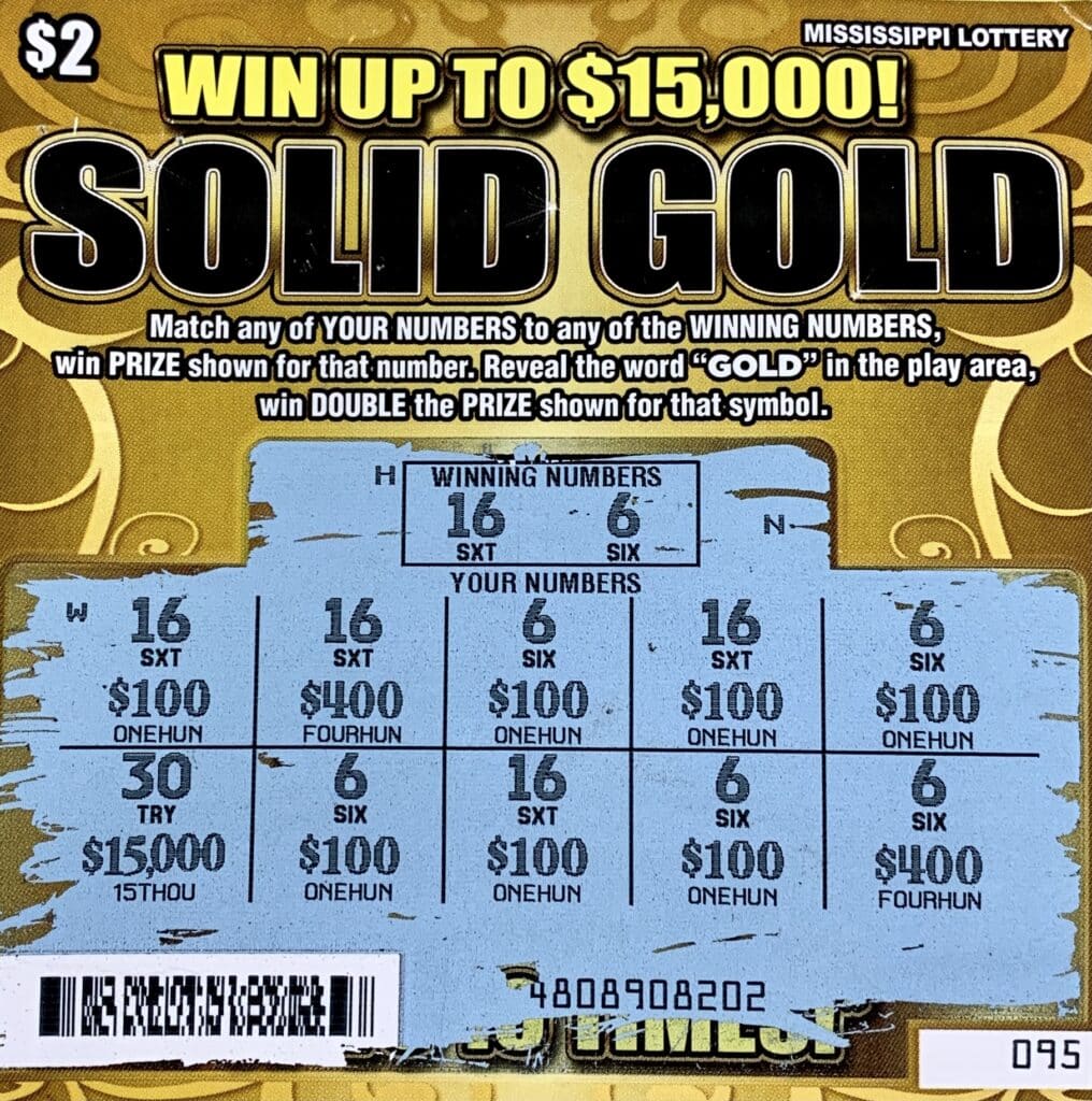 A Starkville woman won $1,500 on a Solid Gold scratch-off game purchased from Sprint Mart #4140 on Hwy. 12 W., Starkville.