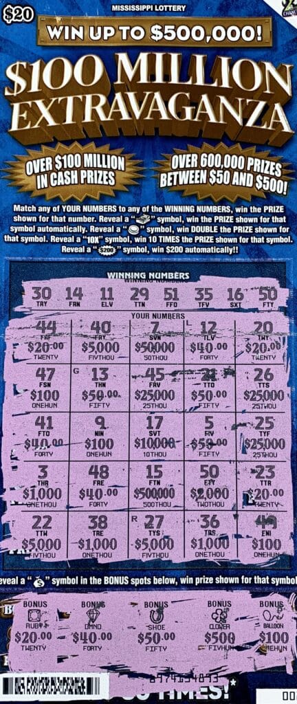 A Theodore, Ala., man won $2,000 on a $100 Million Extravaganza scratch-off game purchased from Jerry Lee’s Grocery #1 on Ingalls Ave., Pascagoula.