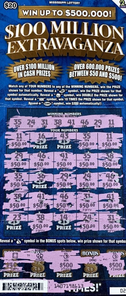 A Starkville player won $2,000 on a $100 Million Extravaganza scratch-off game purchased from Sprint Mart #4126 on Blackjack Rd., Starkville.