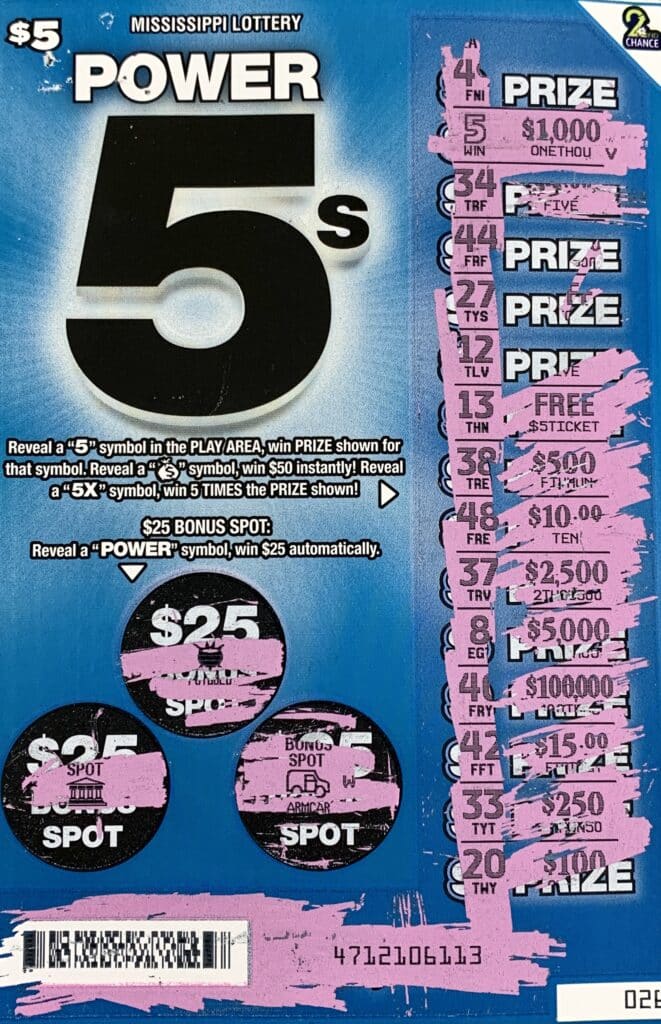 A Corinth woman won $1,000 on a Power 5s scratch-off game purchased from Bluesky #708 on Shiloh Rd., Corinth.