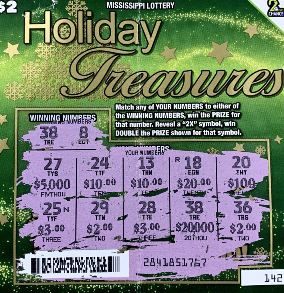 A Jackson woman won $20,000 on a Holiday Treasures scratch-off game purchased from JJ’s Food Mart on W. Northside Dr., Jackson.