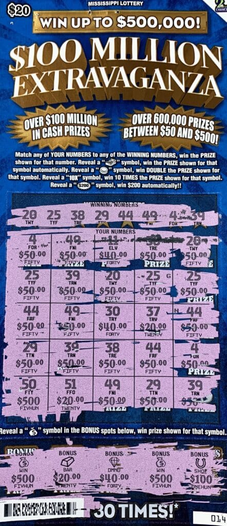 A Leake County woman won $2,000 on a $100 Million Extravaganza scratch-off game purchased from Wheel-In Grocery on Hwy. 35 S., Carthage.