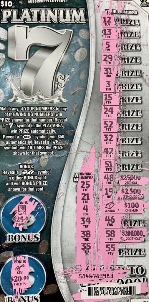 A Marshall County woman won $1,000 on a Platinum 7s scratch-off game purchased from On the Square Market on N. Memphis St., Holly Springs.