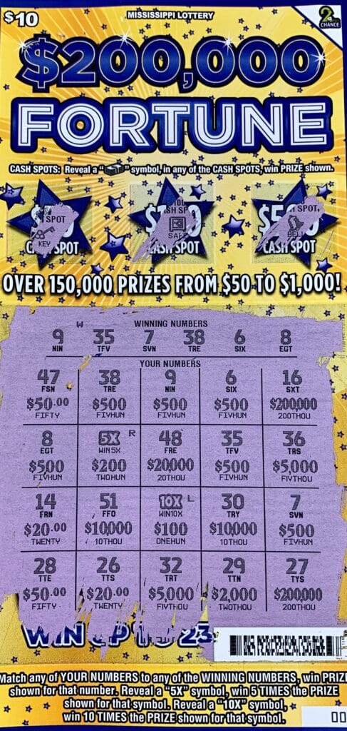 A Tupelo man won $5,000 on a $200,000 Fortune scratch-off game purchased from K’s Tobacco & Brew on Hwy. 145 S., Saltillo.