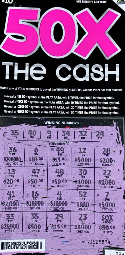 A Vicksburg man won $2,000 on a 50x the Cash scratch-off game purchased from KM Citgo on Hwy. 61 S., Vicksburg.