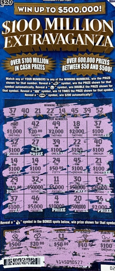 A Richland man won $2,000 on a $100 Million Extravaganza scratch-off game purchased from Five Star Food and Fuel #4 Inc. on US 80 E., Pearl.