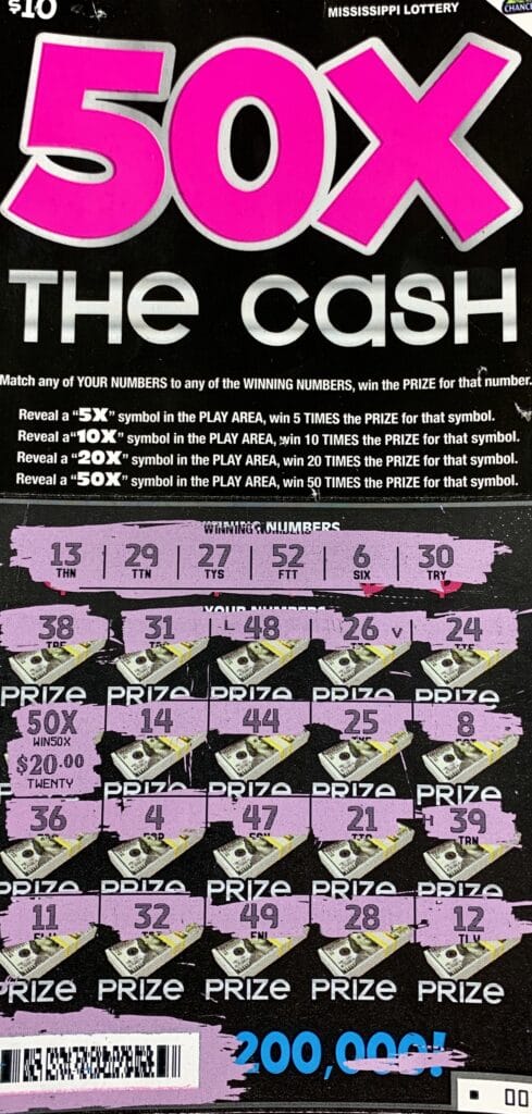 A Sardis man won $1,000 on a 50x the Cash scratch-off game purchased from Batesville Express LLC on Hwy. 6, Batesville.