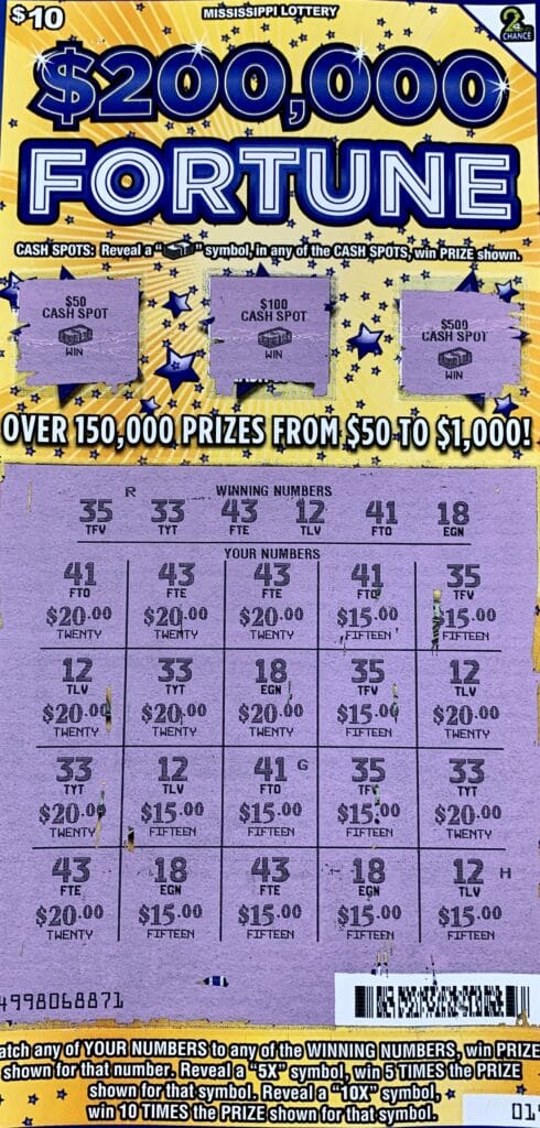 A Bay Springs man won $1,000 on a $200,000 Fortune scratch-off game purchased from Short Stop #4 on Hwy. 15, Bay Springs.