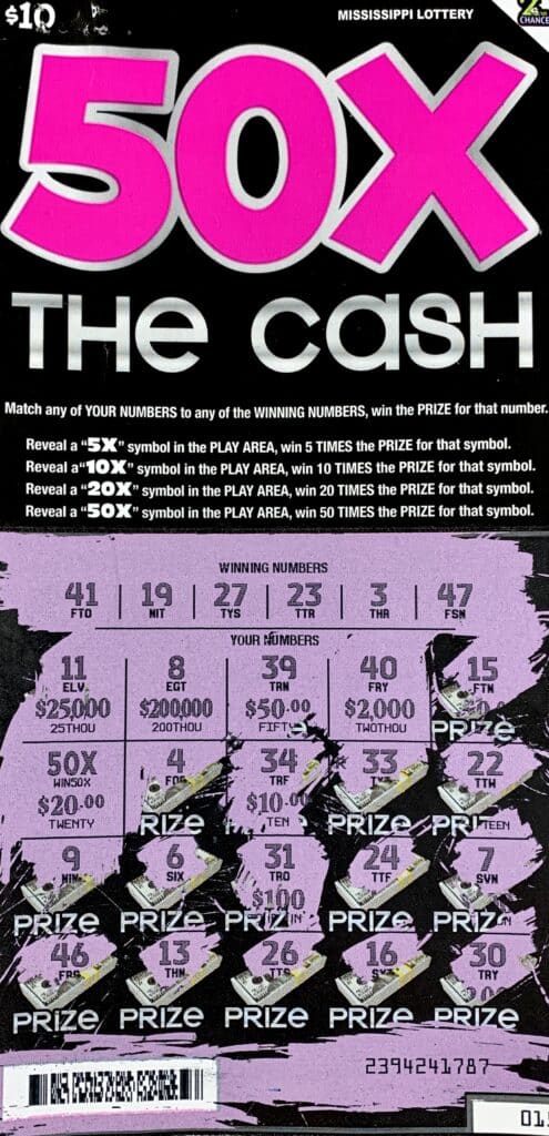 A Jackson man won $1,000 on a 50x the Cash scratch-off game purchased from Aden LLC on W. Capitol St., Jackson.