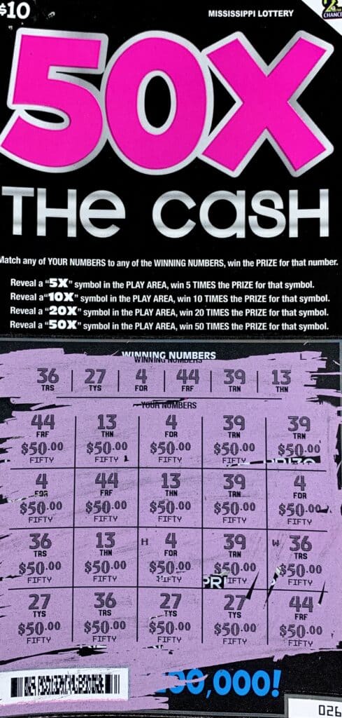 A Florence woman won $1,000 on a 50x the Cash scratch-off game purchased from Khalsa LLP on US-49 S., Richland.