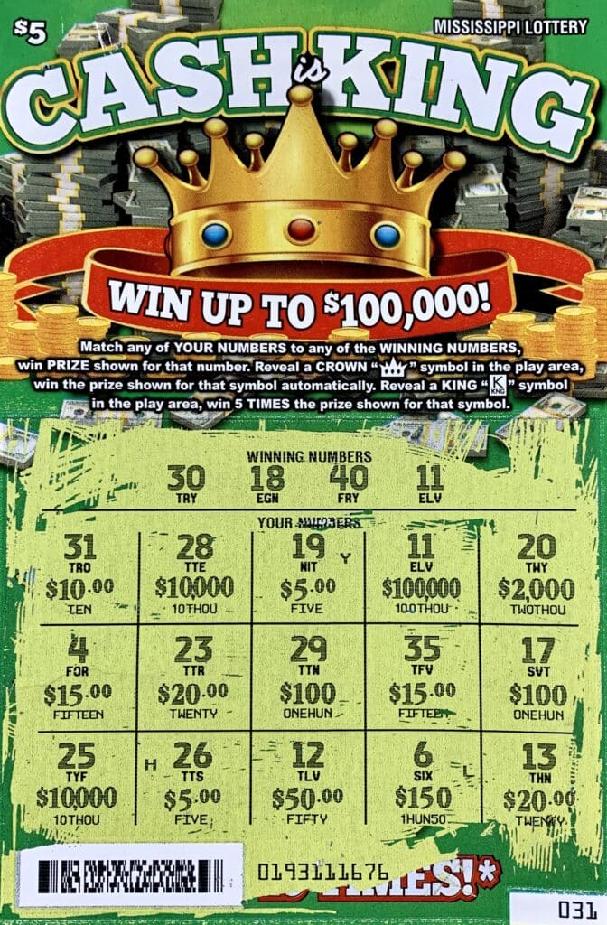 A McComb woman won $100,000 on a Cash is King scratch-off game purchased from Market Max I-55 on Doug Rushing Dr., McComb.