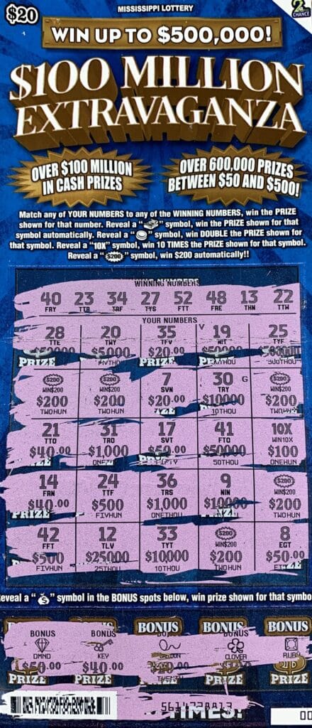 A Franklin County woman won $2,000 on a $100 Million Extravaganza scratch-off game purchased from Roxie Truck Stop & Supply LLC on Hwy. 84 E., Roxie.