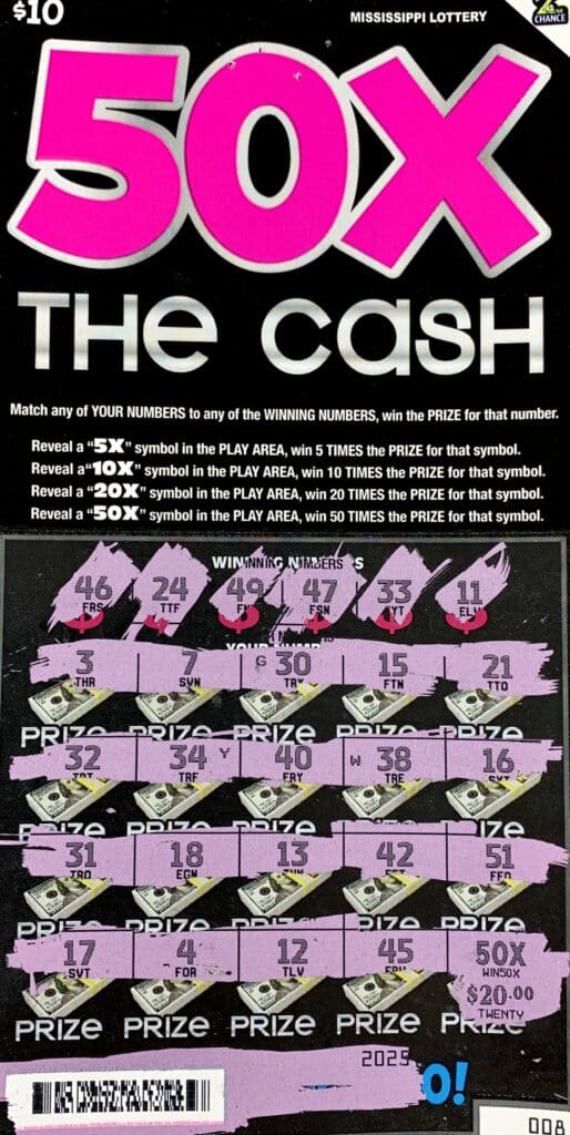 A Tishomingo County woman won $1,000 on a 50x the Cash scratch-off game purchased from Burnsville Fast Stop LLC on Hwy. 72 W., Burnsville.