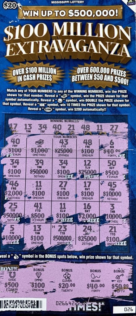 A McComb man won $2,000 on a $100 Million Extravaganza scratch-off game purchased from Liberty Marathon on Main St., Liberty.