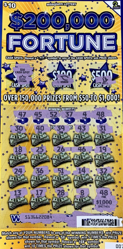 A Brandon man won $1,000 on a $200,000 Fortune scratch-off game purchased from Keith’s Superstore #192 LLC on Hwy. 43 N., Picayune.