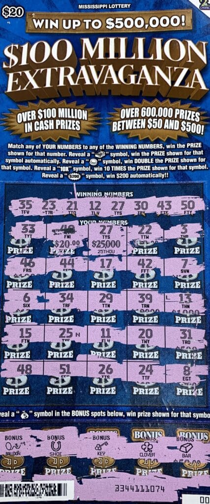 A Hattiesburg player won $25,000 on a $100 Million Extravaganza scratch-off game purchased from Keith’s Superstore #115 LLC on Moselle Seminary Rd., Moselle.