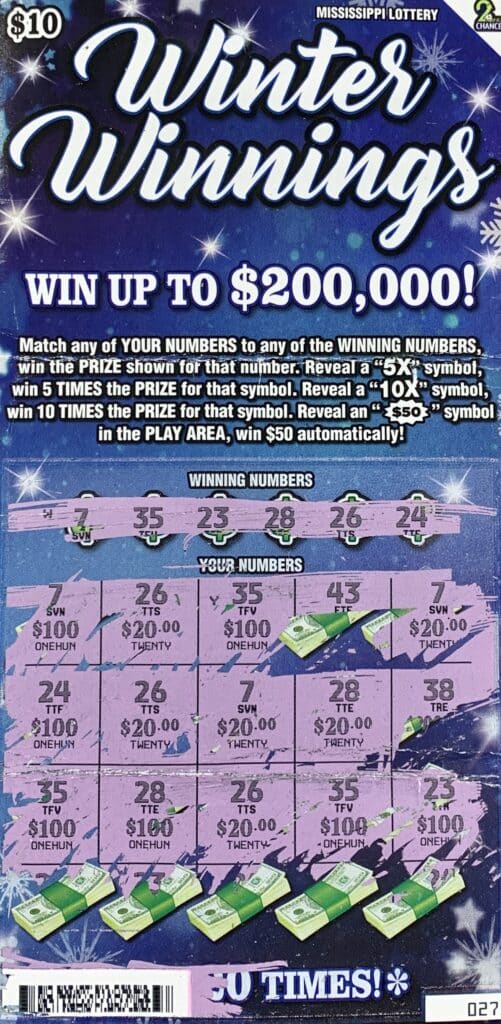 A Tupelo man won $1,000 on a Winter Winnings scratch-off game purchased from T-Mart #1 on S. Gloster St., Tupelo.