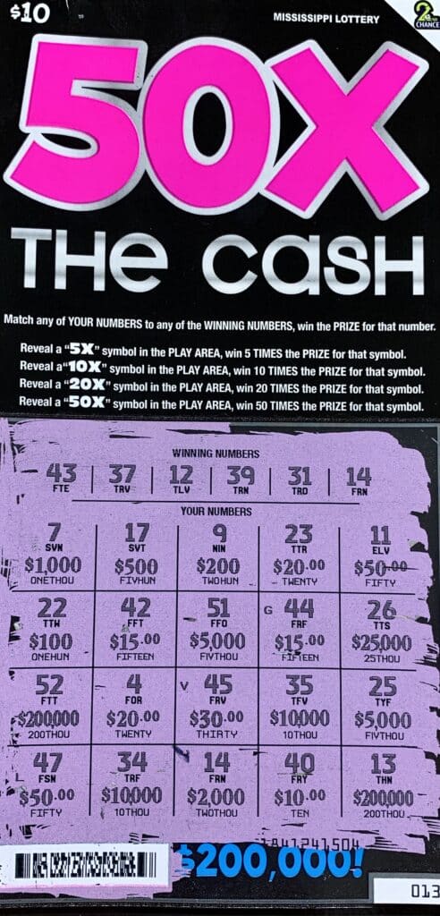 A Jackson man won $2,000 on a 50x the Cash scratch-off game purchased from Richi on Medgar Evers Blvd., Jackson.