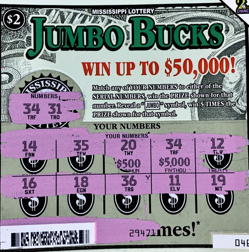 A Moss Point woman won $5,000 on a Jumbo Bucks scratch-off game purchased from Wayne Lee’s Grocery and Market Inc. on Telephone Rd., Pascagoula.