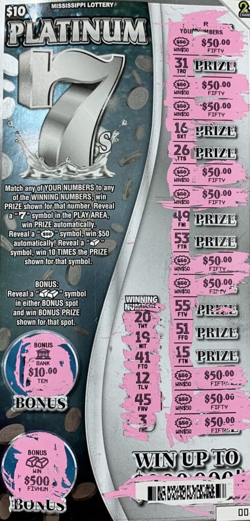 A Brandon man won $1,000 on a Platinum 7s scratch-off game purchased from Lakeland Chevron on Lakeland Dr., Flowood.